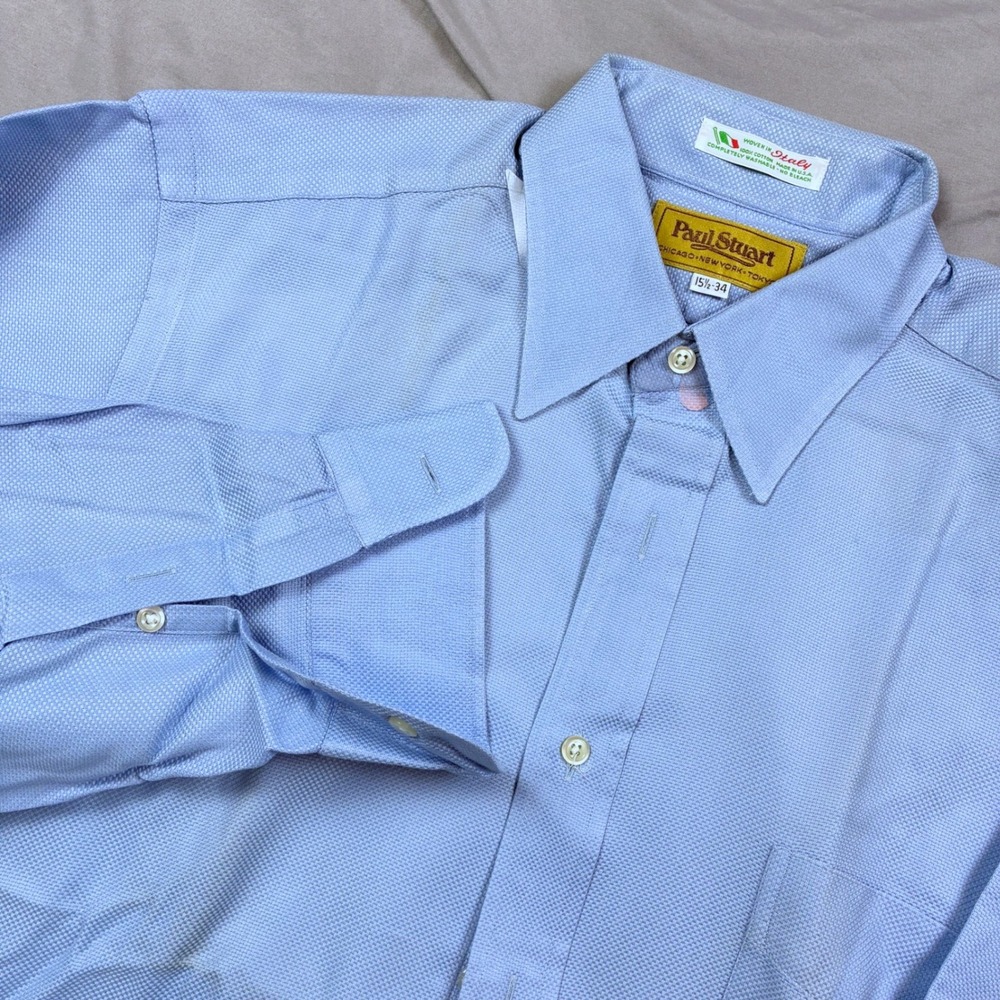 Paul Stuart Dress Shirt 15.5 34 Blue Textured Cotton USA Spear Point Italy